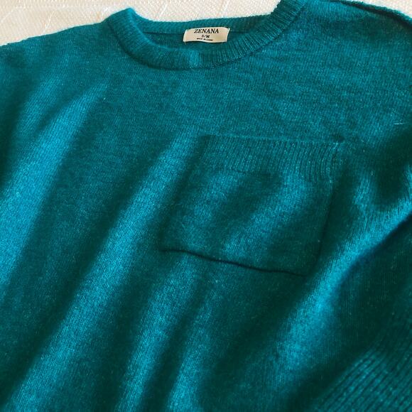 Zenana Teal Fuzzy Knit Sweater S/M Soft Cozy Pullover Pocket Crewneck - Picture 2 of 7